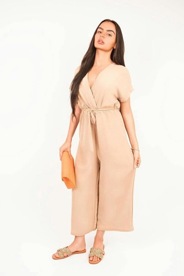 Nerina Wrap Short Sleeve Wide Leg Jumpsuit With Tie Waist - Mocha
