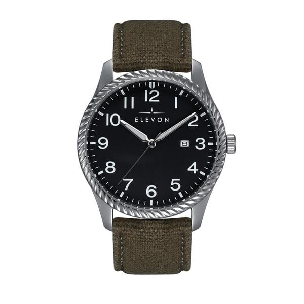 Elevon Crosswind Canvas-Overlaid Leather-Band Watch w/ Date - Black/Olive - ELE128-4