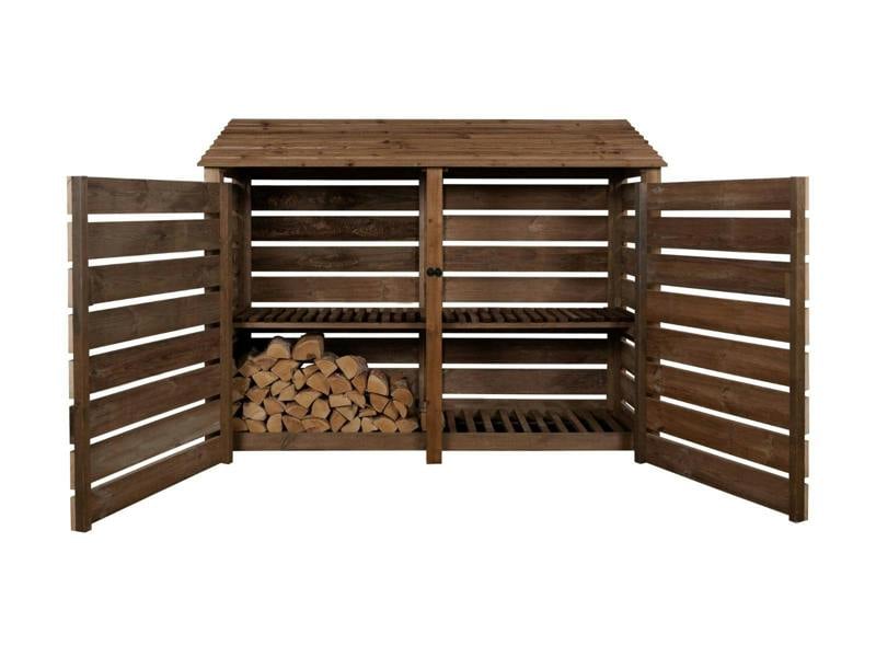 Arbor Garden Solutions Slatted Wooden Log Store with Doors and Shelf W-227cm, H-126cm or 180cm, D-88cm - Brown Finish