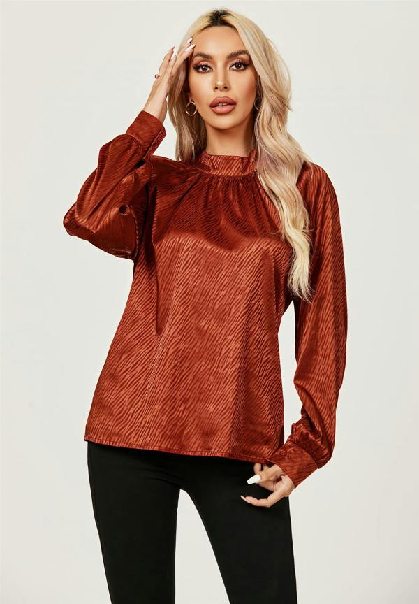 FS Collection Halter Neck Satin Long Sleeve Blouse Top In Copper Red