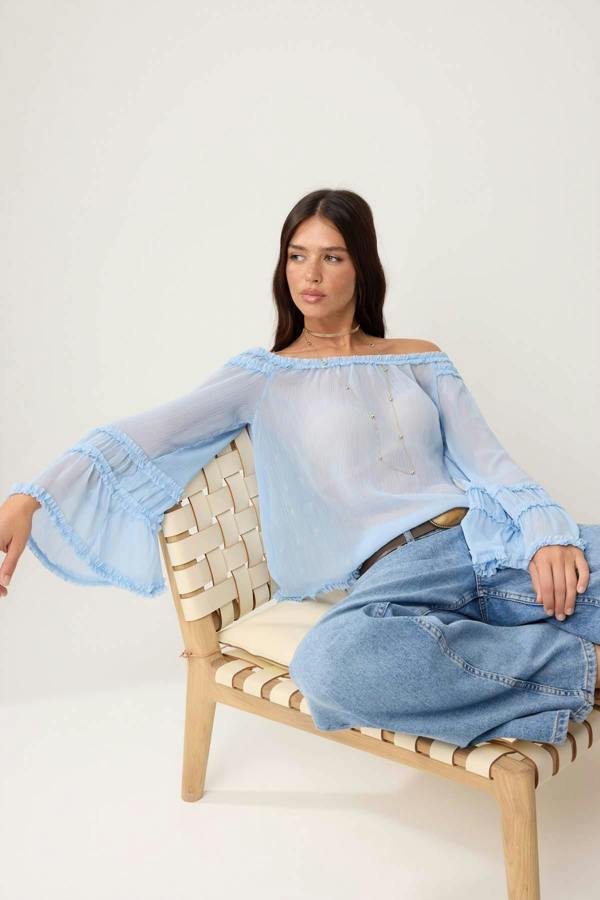 WOVCOR Carmen Neck Ruffle Detail Sheer Woven Blouse