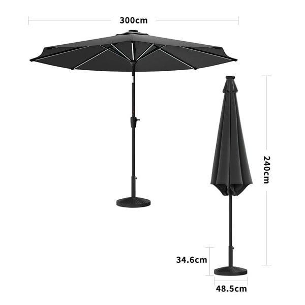 Black 3M Lighted Market Sunbrella Umbrella with Solar Strip LED Lights Parasols & Rain Umbrellas Living and Home Parasol + Rattan Effect 14KG Resin tank base