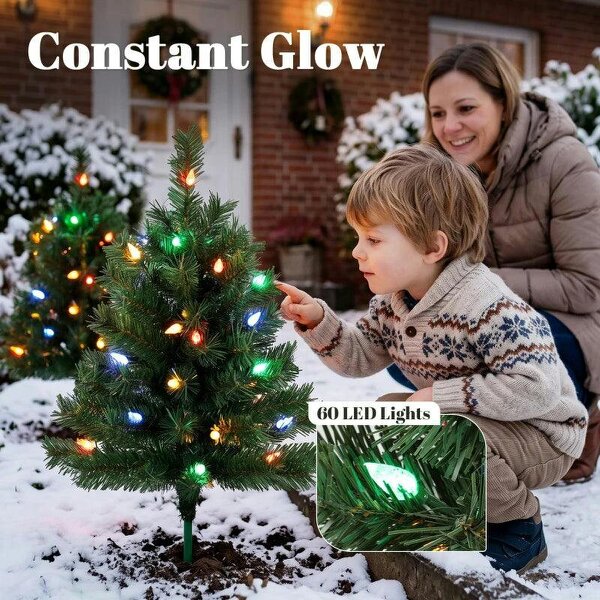 60 cm Prelit Christmas Tree, 2 Packs Artificial Christmas Trees with 60 Colourful LED Lights, 130 Tips, Green