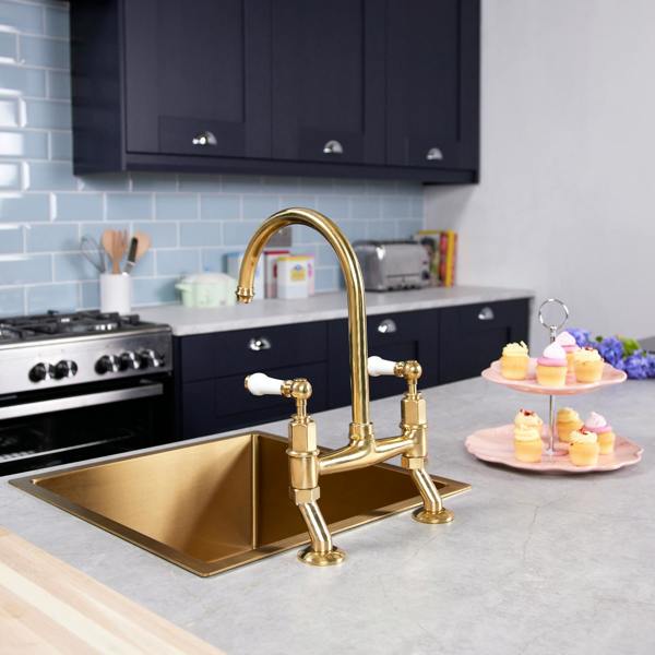 Flode Larvik | Kitchen Dual Lever Bridge Mixer Tap | Polished Brass Finish