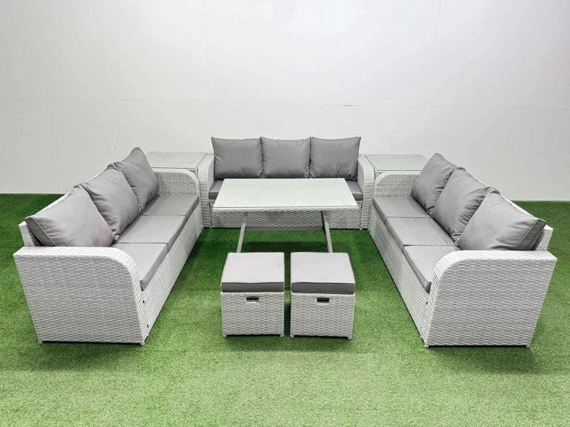 Fimous 11 Seat Outdoor PE Rattan Garden Furniture with Cushions 3 Seater Sofa 2 Side Tables 2 Small Stools Light Grey