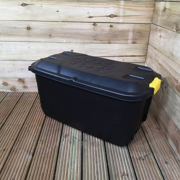 Samuel Alexander 2 x 75L Heavy Duty Trunks on Wheels Sturdy, Lockable, Stackable and Nestable Design Storage Chest with Clips in Black