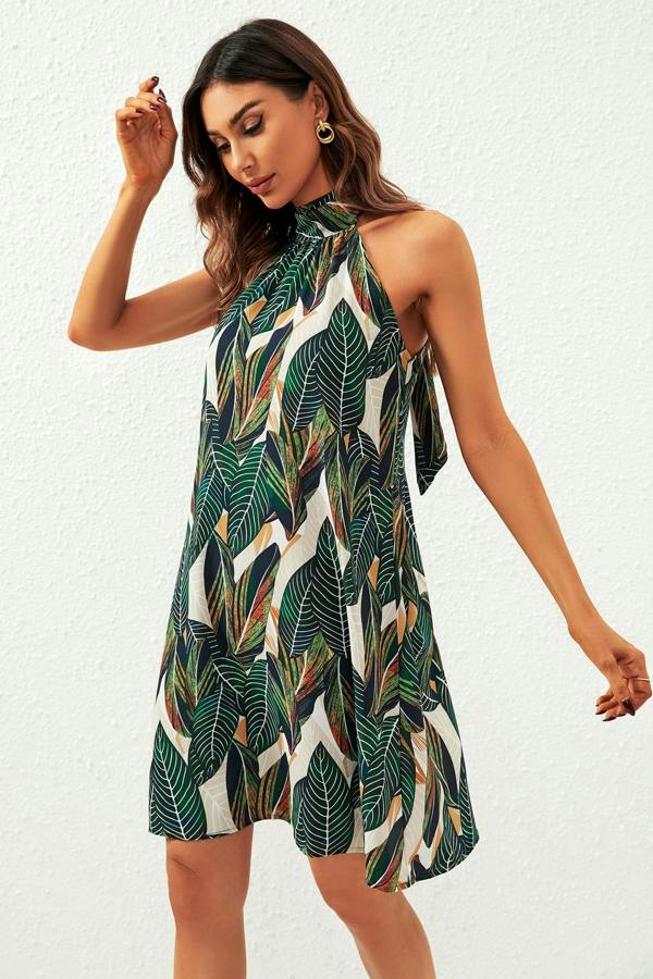 FS Collection Leaf Print Halter Neck Tie Back Mini Dress In Green
