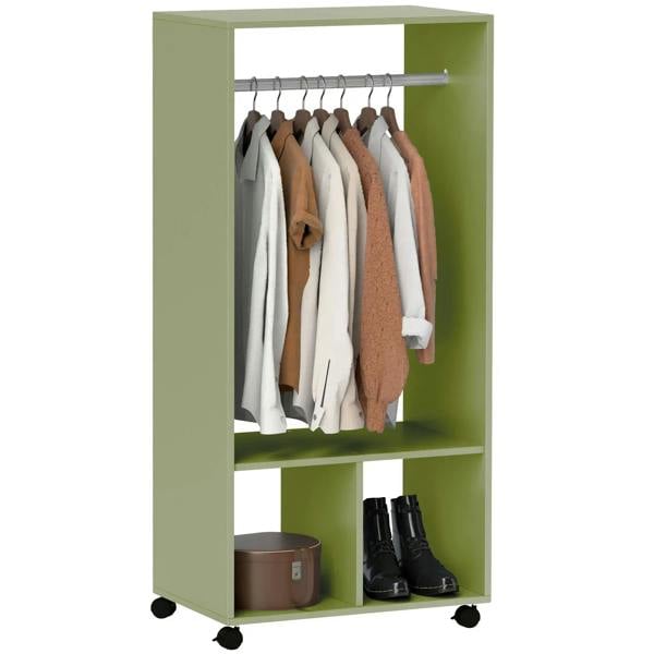 Green mobile garment rack with hanging rail and two open storage shelves, clothes on hangers