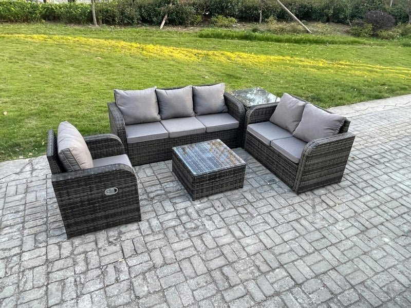 Fimous Rattan Garden Furniture 5 Piece Patio Set With Table Sofa Square Coffee Table Reclining Chair Loveseat sofa Side Table