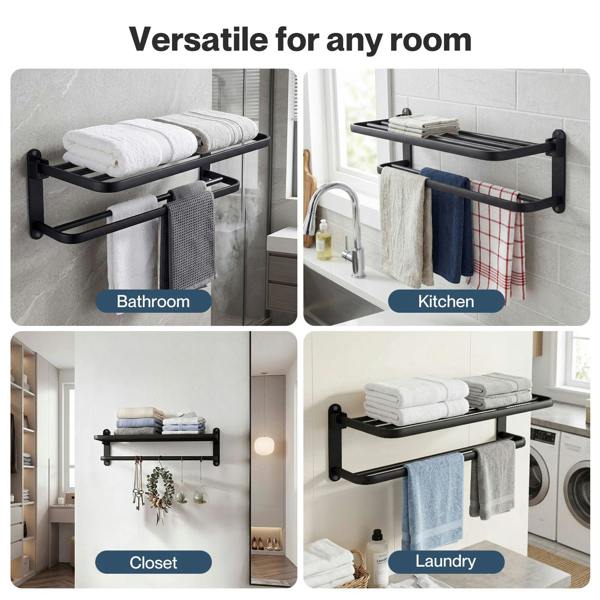 Levede Towel Holder with 2 Bars Wall Mounted Black No Drill Bathroom Shelf Black