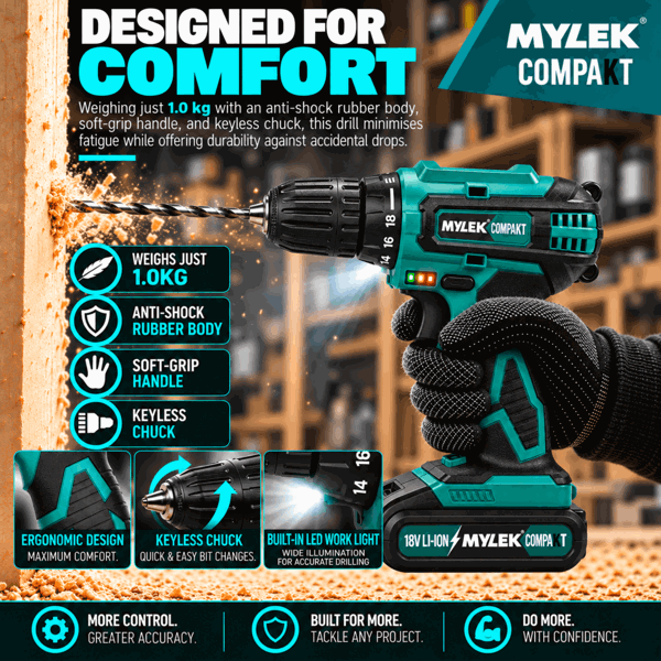 MYLEK 18V Cordless Li-ion Drill And Screwdriver Set With 13 Piece Accessory Kit
