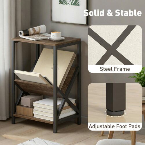 Wyld Haus Elfi Nere Wooden Oak Narrow Side Table With 3 Tier Storage and V Shaped Magazine Holder 40 x 30 x 61 cm