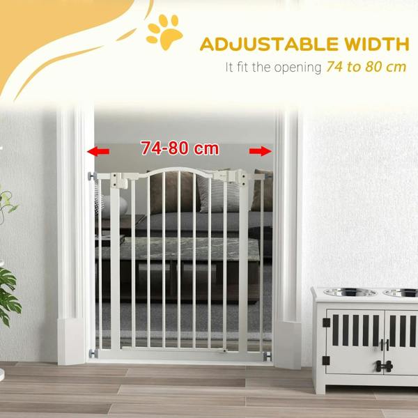 White adjustable-width pet gate sized for 74–80 cm openings with support feet