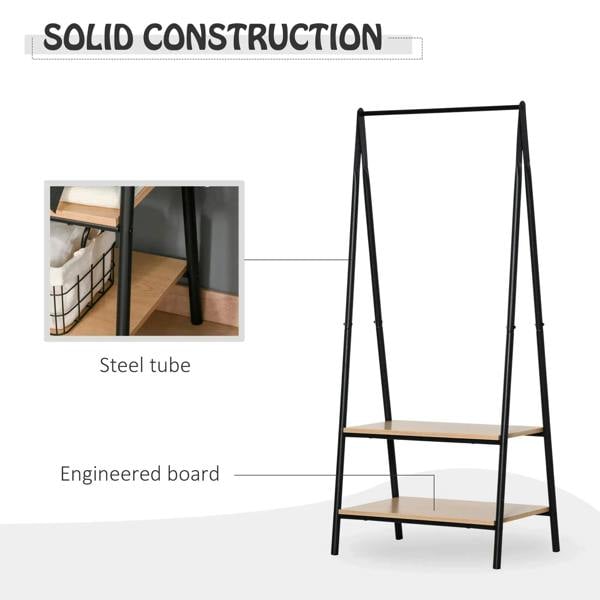 Black metal clothes rack with two wooden shelves and steel tube frame