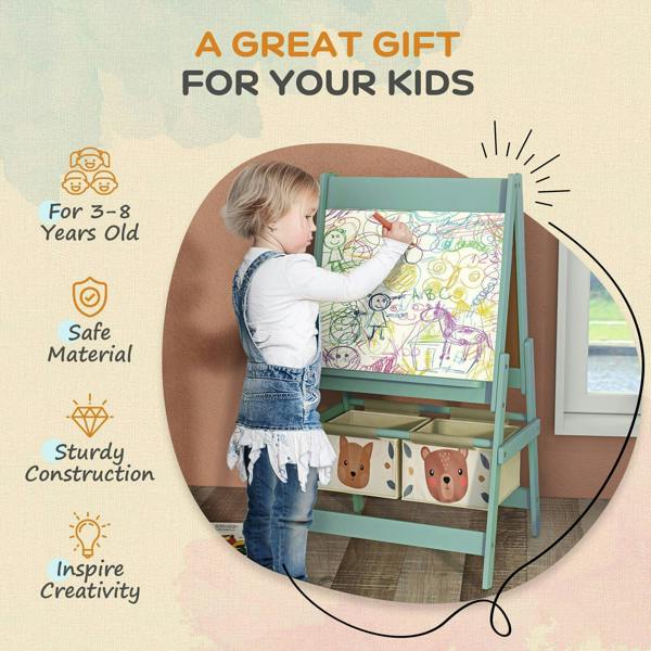 Green kids art easel with paper roll and storage baskets shown in use