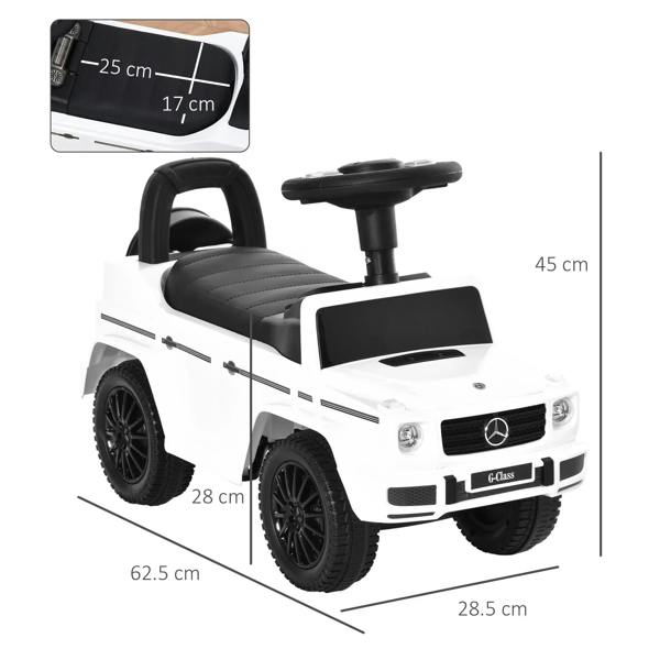 White kids ride-on car with black seat, steering wheel, and foot-to-floor design