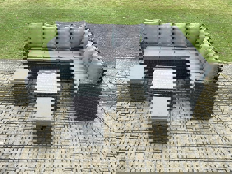 Fimous Rattan Garden Furniture Set Outdoor Lounge Corner Sofa Set With Square Coffee Table 2 Small Footstools 8 Seater Dark Grey Mixed