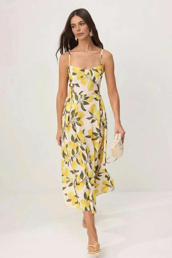 WOVCOR Lemon Pattern Midi Woven Dress
