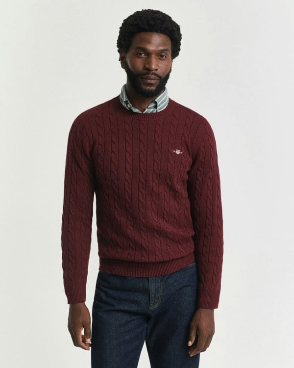 GANT Mens Cotton Cable Knit Crew Neck Jumper - 677 Bordeaux Melange - CHO - Designer Mens Crew Neck Jumpers