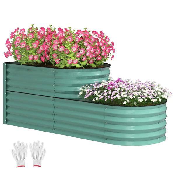 Two-tier dark green galvanized steel garden planter with two long curved planting beds