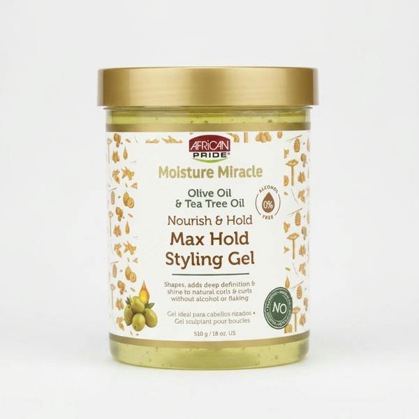 Jar of African Pride Moisture Miracle styling gel with gold lid on a white background