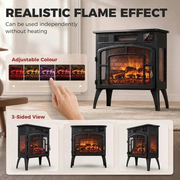 Smart Electric Fireplace Stove Log Burner, 3-Sided Glass WiFi Electric Fire Heater w/ 5-Colour Flame, Black