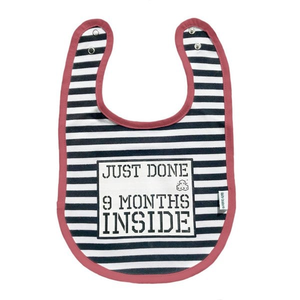 Just Done 9 Months Inside Black and White Bib with Pink Edging