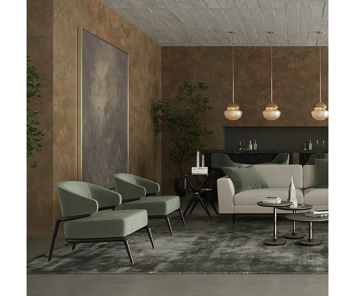 Haines modern luxury armchair with black stained oak wood and elegant brass details, perfect for sophisticated interiors.