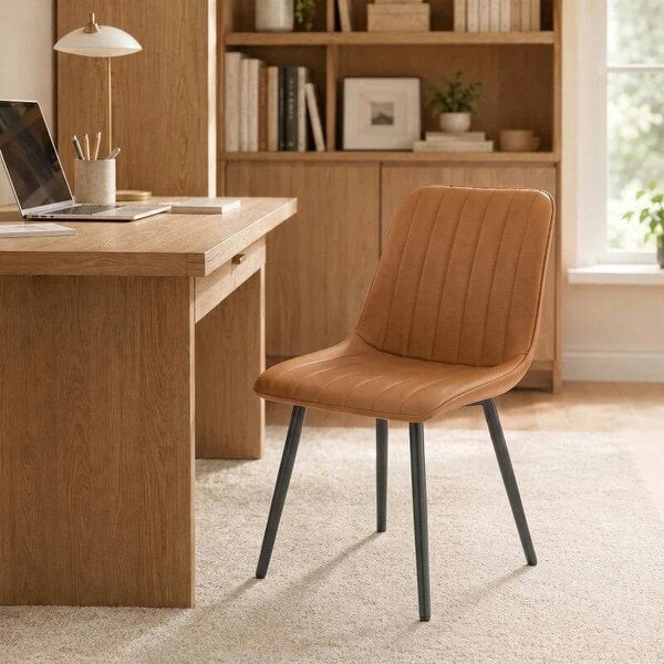 Bobobiy Faux Leather Upholstered Kitchen Chairs, Modern Dining Chairs Set of 2 with Metal Legs for Dining Room, Brown