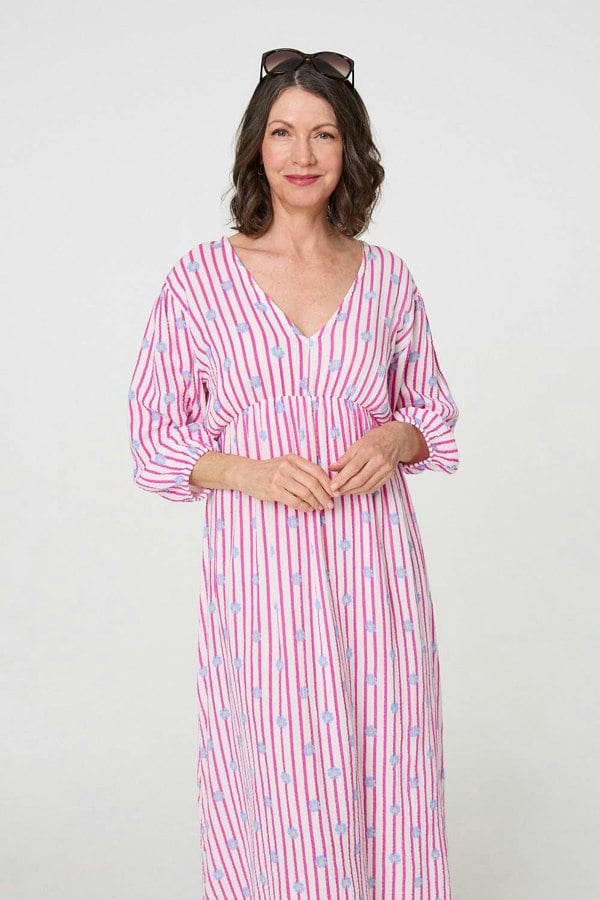 Pink | Striped Long Sleeve Empire Maxi Dress
