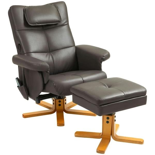 Dark brown faux leather massage recliner chair with padded ottoman footrest