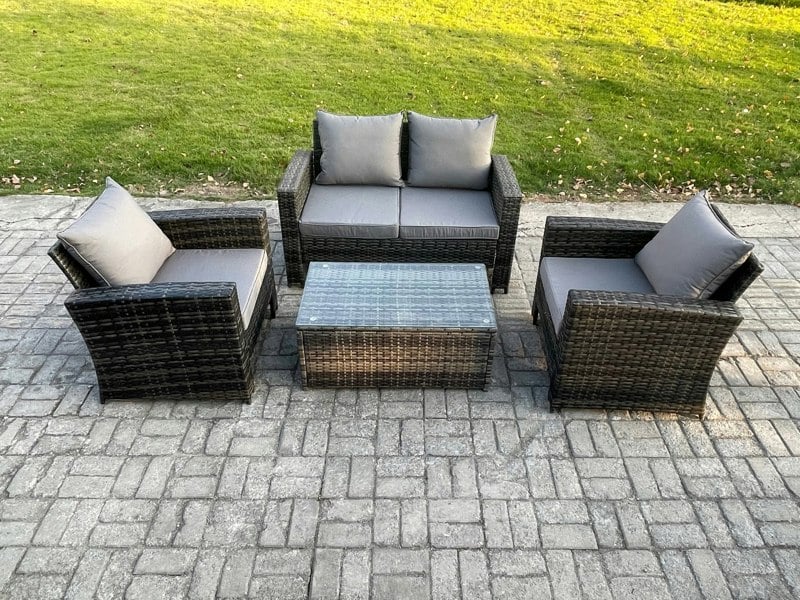 Fimous Outdoor Lounge Sofa Set Wicker PE Rattan Garden Furniture Set with Rectangular Coffee Table Double Seat Sofa Dark Grey Mixed