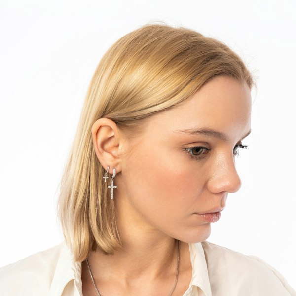 Spero London Sterling Silver Huggie Pave Cross Drop Earring
