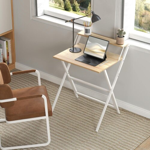 Wyld Haus Veeldi 70cm Small Wooden Natural Folding Desk With Raised Monitor Shelf