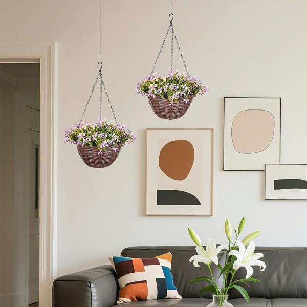 Wyld Haus Fito Set Of 2 Hanging Artificial Flower Baskets With Mixed Leaves And Blooms For Indoor Display
