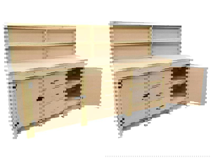 Arbor Garden Solutions Wooden work bench with drawers and double lockable cupboard (V.8) with back panel and double shelf