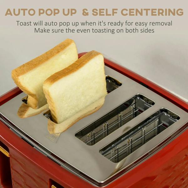 Red toaster with self-centering slots holding two bread slices for auto pop up