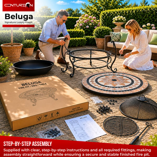 Centurion Supports Fireology BELUGA Opulent Garden and Patio Round Heater, Fire Pit, Brazier, Coffee Table, Barbecue and Ice Bucket - Marble Finish