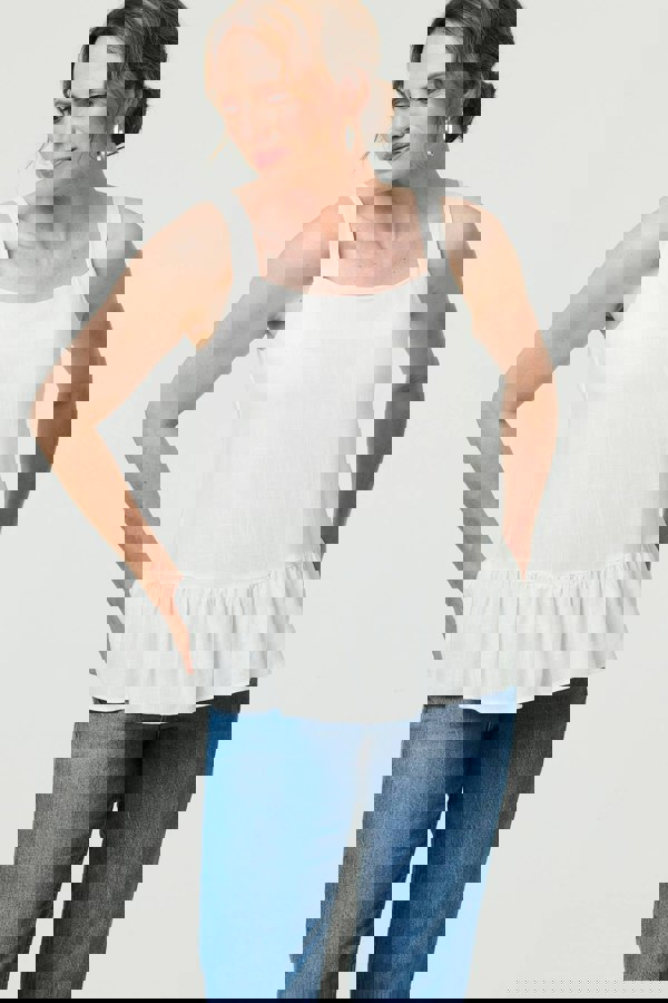 White | Frill Hem Sleeveless Wide Strap Top : Model is 5'10"/178 cm and wears UK10/EU38/US6/AUS10