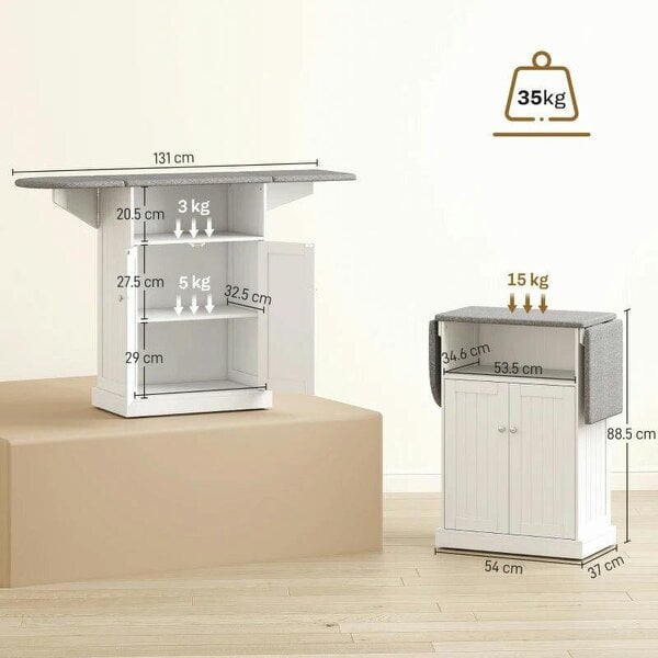 Ironing Board Cabinet on Wheels with Foldable Top, Mobile Storage Cabinet with Ironing Board, Open Compartment, White