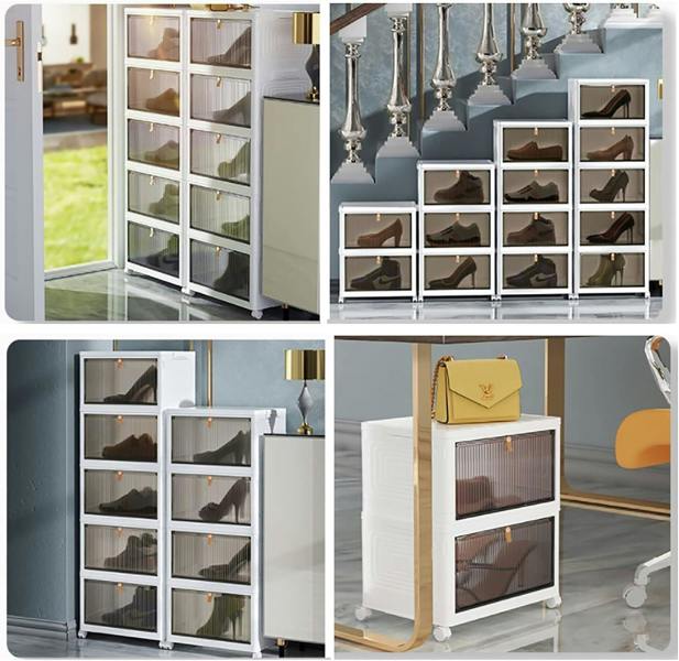 HYGRAD BUILT TO SURVIVE Foldable White Plastic Shoe Box 2/3/4/5/6 Tier Stackable Storage Cabinet-Rolling Storage Organizer Containers With Lid