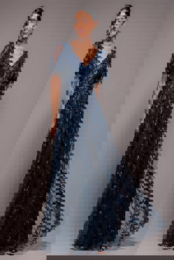 Flared Sleeve Embroidered Maxi Dress - Navy Blue DR3279A