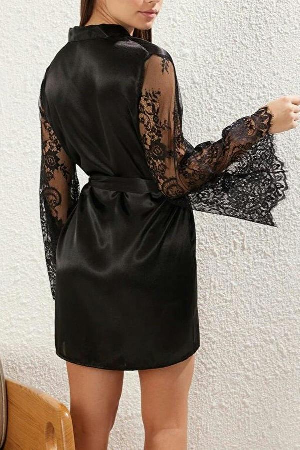 WOVCOR Satin Woven Dressing Gown with Lace and Belt Detail