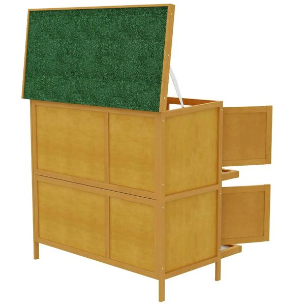 Yellow two-tier rabbit hutch with hinged top access and green turf roof panel