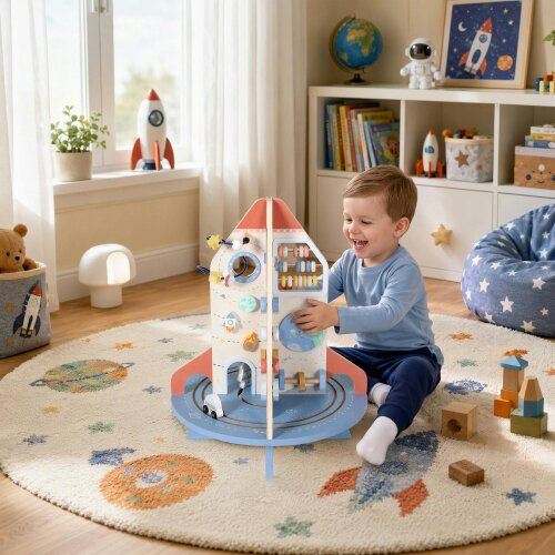 AIYAPLAY Wooden Activity Cube, Rocket Theme Sensory Toys for Fine Motor