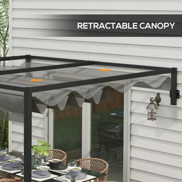 Dark grey lean-to steel pergola with retractable fabric canopy over patio dining set.