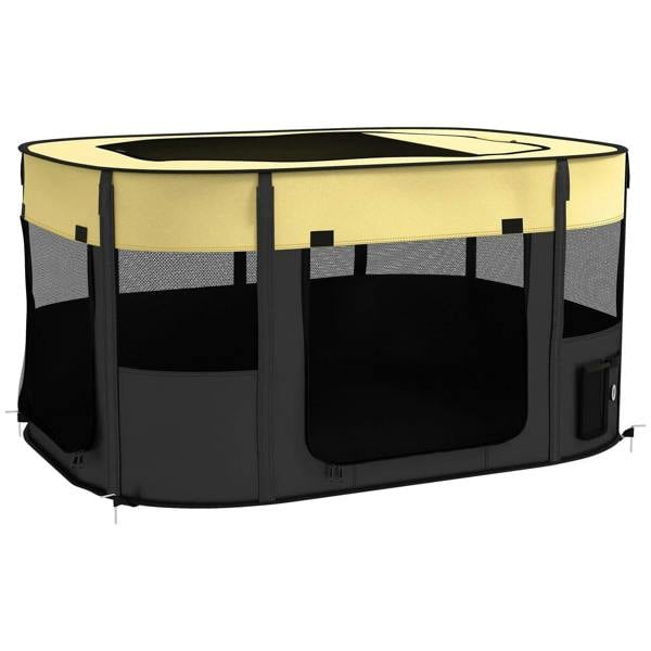 Yellow foldable dog playpen with black mesh panels and door openings