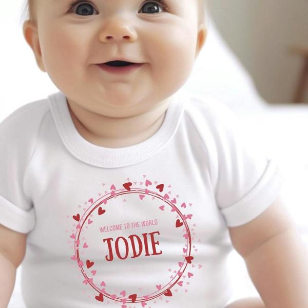 Personalised Pink & Red Hearts Baby Grow, Vest or Bib with Name