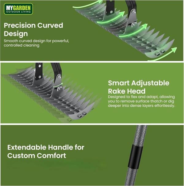 My Garden Outdoor Living My Garden Extendable Thatch Rake 1.77M - Manual Lawn Scarifier - Adjustable Steel Handle - Moss & Thatch Rake