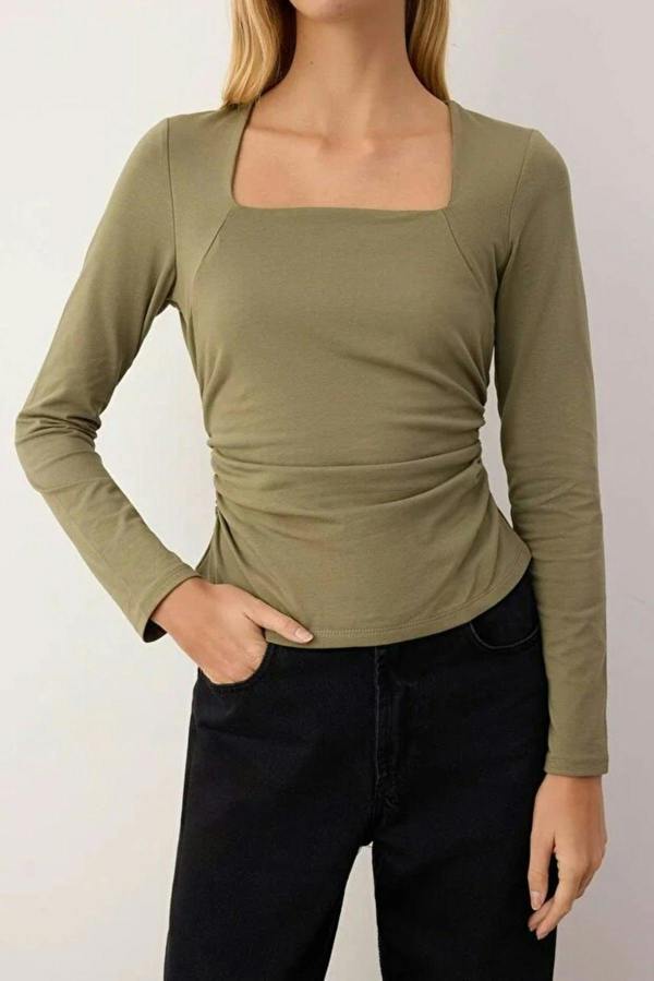 WOVCOR Square Neck Draped Detailed Fitted Knit Blouse